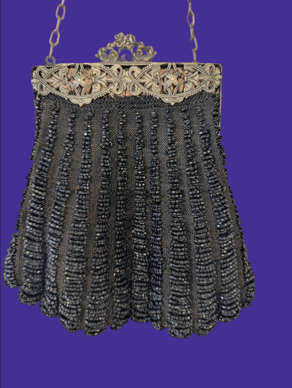 Vintage Bag Black Beaded Evening Ornate Silver Frame Victorian 1800